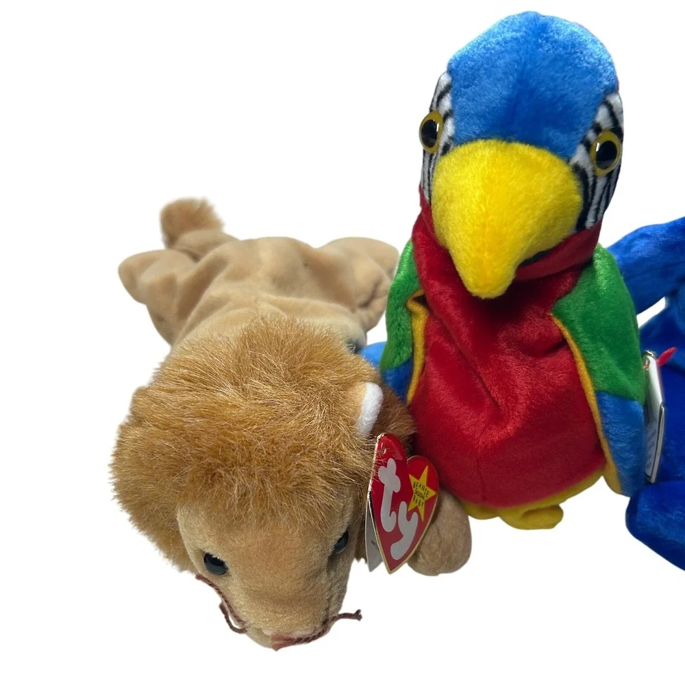Ty Beanie‎ Babies Lot 5 Plush Rooster Deer Lion Parrot Blue Bear Collectible